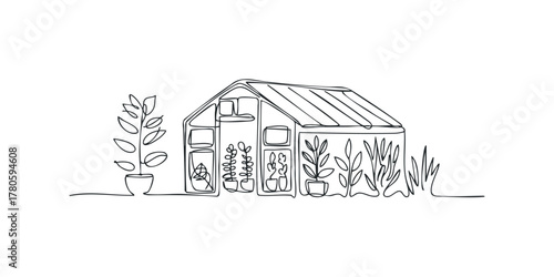 One line drawing of a greenhouse with potted plants
