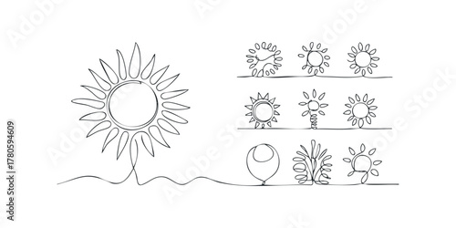 Continuous line drawing of suns and balloon icon set