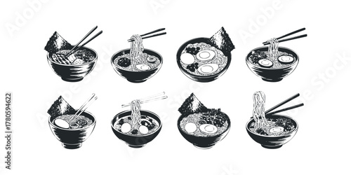 Eight stylized bowls of noodle soup with chopsticks and seaweed
