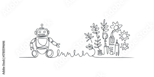 Robot exploring nature with single line drawing