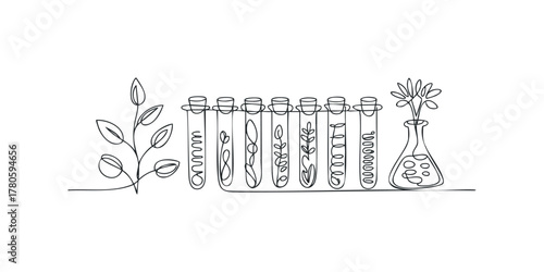 Line drawing of test tubes with plant sprouts and flask