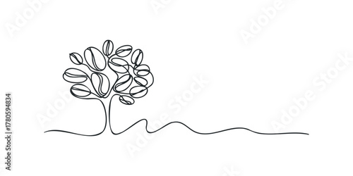 Minimalist coffee tree with bean foliage and wavy ground line