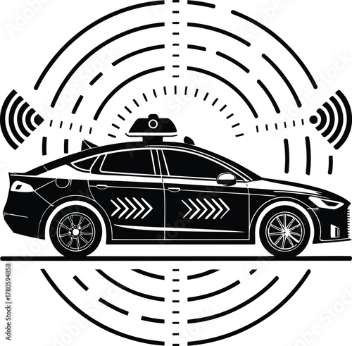 Black and white illustration of a self driving car with sensors and signal waves around it in a circle
