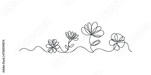 Continuous line drawing of diverse flowers on wavy stems