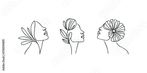 Three abstract line drawings of female profiles with floral elements