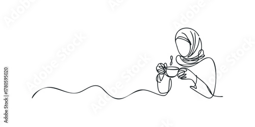 Arab Woman Wearing Hijab Holds Cup Stirring Drink