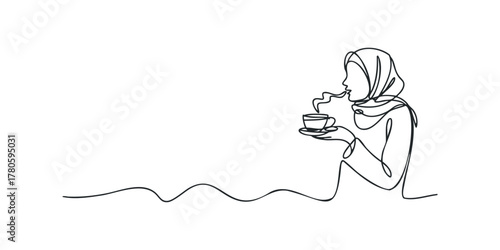 Woman in Hijab Sipping Hot Coffee in One Line Art