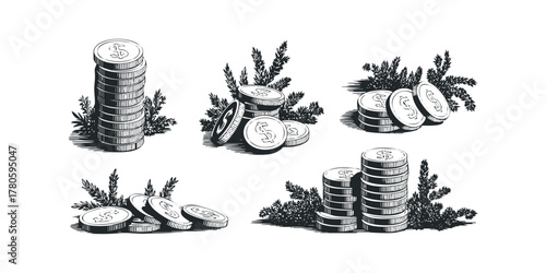Stacks of Coins with Foliage Illustrations