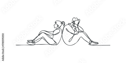 Sad couple sitting back to back in continuous line drawing style