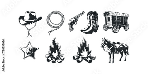 Cowboy Collection With Hat Rope Boots Wagon Horse Sheriff Badge Fire