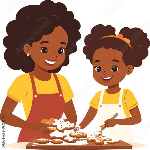 A mother and daughter are happily decorating cookies together in the kitchen.