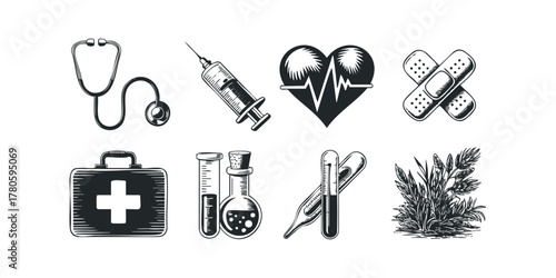Medical Icons Set Stethoscope Syringe Heartbeat and Kit