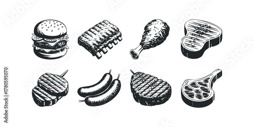 Collection of Black and White Grilled Meats and Burger