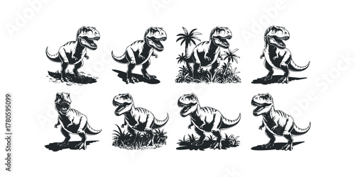 Eight illustrations of a T-Rex dinosaur in different poses
