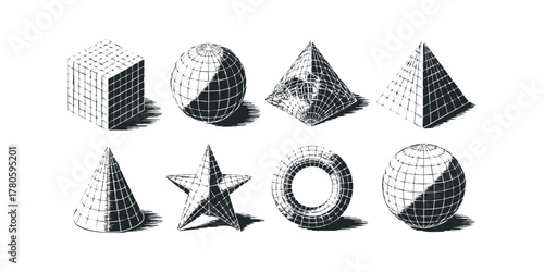 Collection of geometric shapes in black and white sketchy style