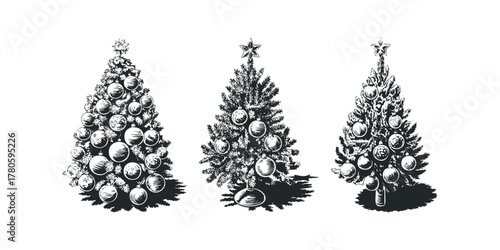 Three Decorated Christmas Trees with Ornaments and Stars