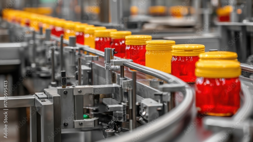 Naklejka premium yellow and red jars on automated conveyor system in a factory, symbol of beverage production and industrial automation, stainless steel machinery