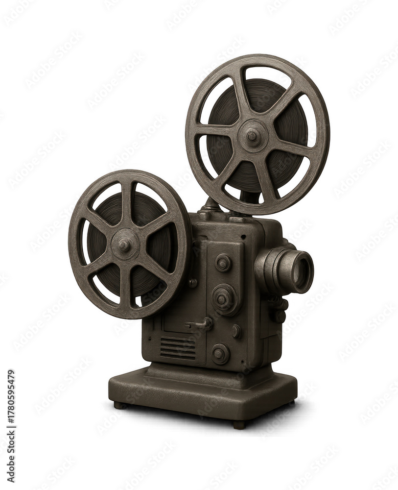 Obraz premium Vintage 8mm film projector with spools of film on a dark background classic cinema equipment