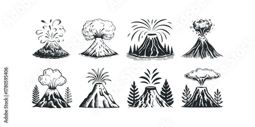 Set of eight volcano eruption and smoke icons