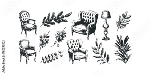 Antique upholstered armchair and floral sketch