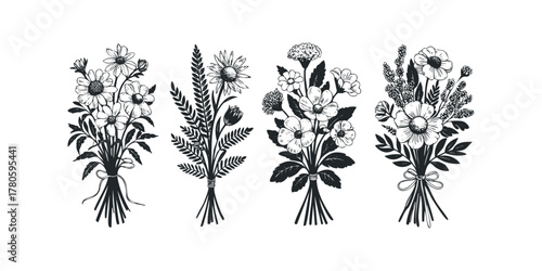 Four bouquets of sketched wildflowers tied with ribbon