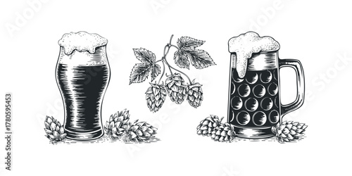 Beer mugs with hops and frothy head