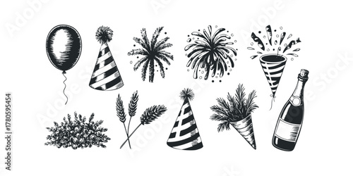 Celebration party icons collection with balloon and champagne