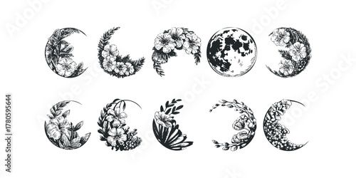 Collection of crescent moons with floral embellishments
