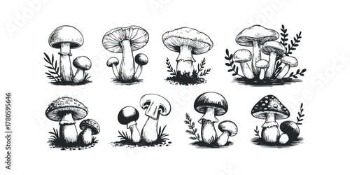 Collection of hand drawn mushroom varieties with leaves