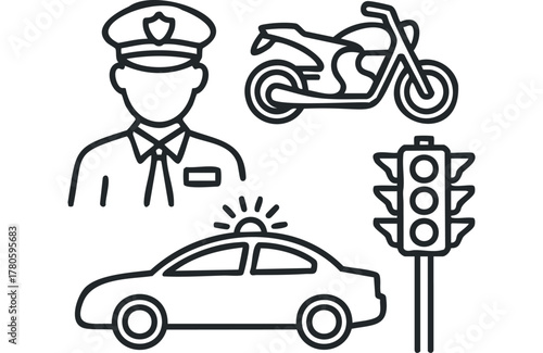 Police officer, car, motorcycle, and traffic signal icons