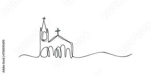 Minimalist single line drawing of a church with cross
