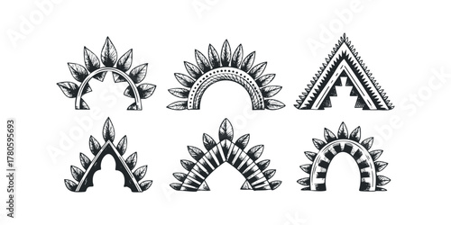 Tribal Sunburst and Feather Motifs Collection Hand Drawn