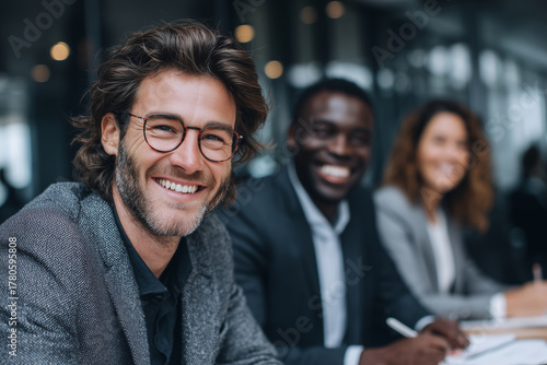 Three financial advisors engage in a lively discussion in a sleek office