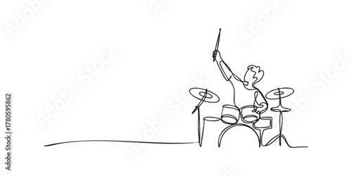 Line art drummer playing on drum kit with stick