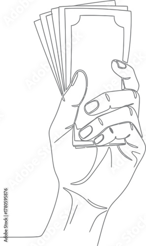 Person's hand holds stack of money tightly displaying financial savings and wealth in line art style