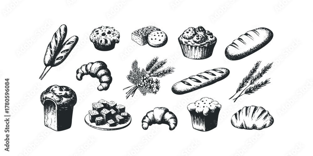 Fototapeta premium Assortment of Baked Goods and Wheat Stalks Sketch