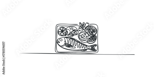 Continuous line drawing of prepared fish dish with lemon and herbs