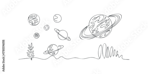 Space themed planets and plant drawn in continuous line style