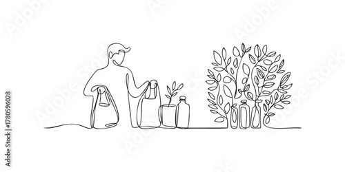 Person with shopping bags and reusable containers in minimalist style