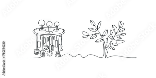 Abstract line art of a plant and a stand with objects