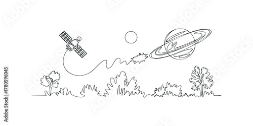 Space satellite travels past ringed planet and celestial body