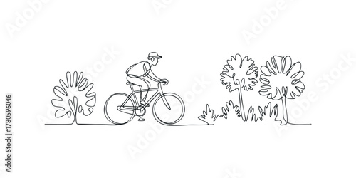 Person riding a bicycle amidst stylized trees and foliage