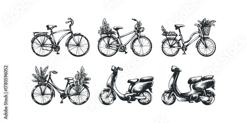 Hand drawn bicycles and scooters with floral elements
