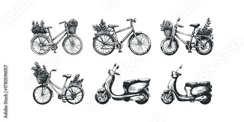 Sketch of bicycles and scooters with plant baskets