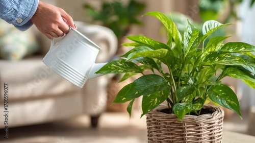 A Serene Indoor Garden with Potted Plants, Watering Can, and Natural Light for Relaxation and Beauty