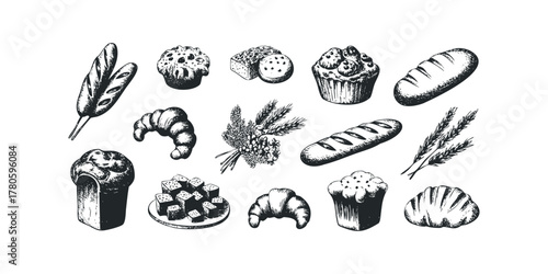 Assortment of Baked Goods and Wheat Stalks Sketch