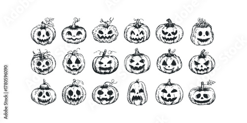 Collection of Hand Drawn Jack-o-lantern Pumpkin Faces
