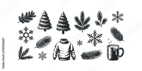 Hand drawn winter objects collection