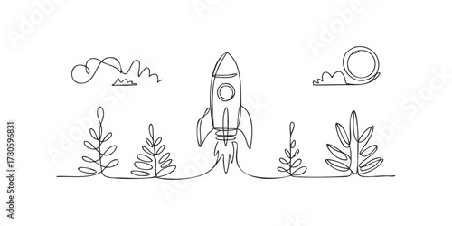 Simple rocket launching with plants and clouds