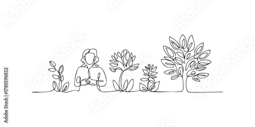 Person nurturing plants from seedling to mature tree